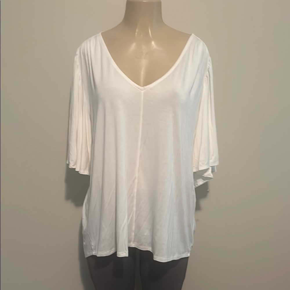 Anthropologie Bordeaux Ivory Flutter S/S V-Neck Hi-Lo Flowy Blouse size XL - Picture 2 of 5